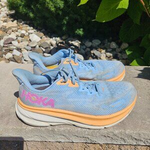 HOKA Womens Clifton Size 9, Blue and Orange